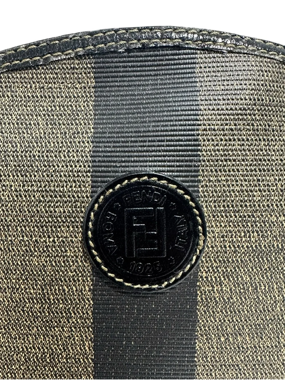 FENDI Black & Tan Pequin Striped Coated Canvas Leather Dome Clutch Pouch